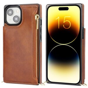 Bocasal Crossbody Wallet Case for iPhone 15 with RFID Blocking Card Slot Holder, Magnetic Flip Folio Purse Case, PU Leather Zipper Handbag with Detachable Lanyard Strap 6.1 Inch 5G (Brown)