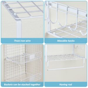 ThreeHio 3 Pack Laundry Room Shelves Wall Mounted with Wire Storage Baskets, Over Washer and Dryer shelves with Hanging Rods and Hooks, Wire Wall Shelves Baskets for Laundry Organization and Storage