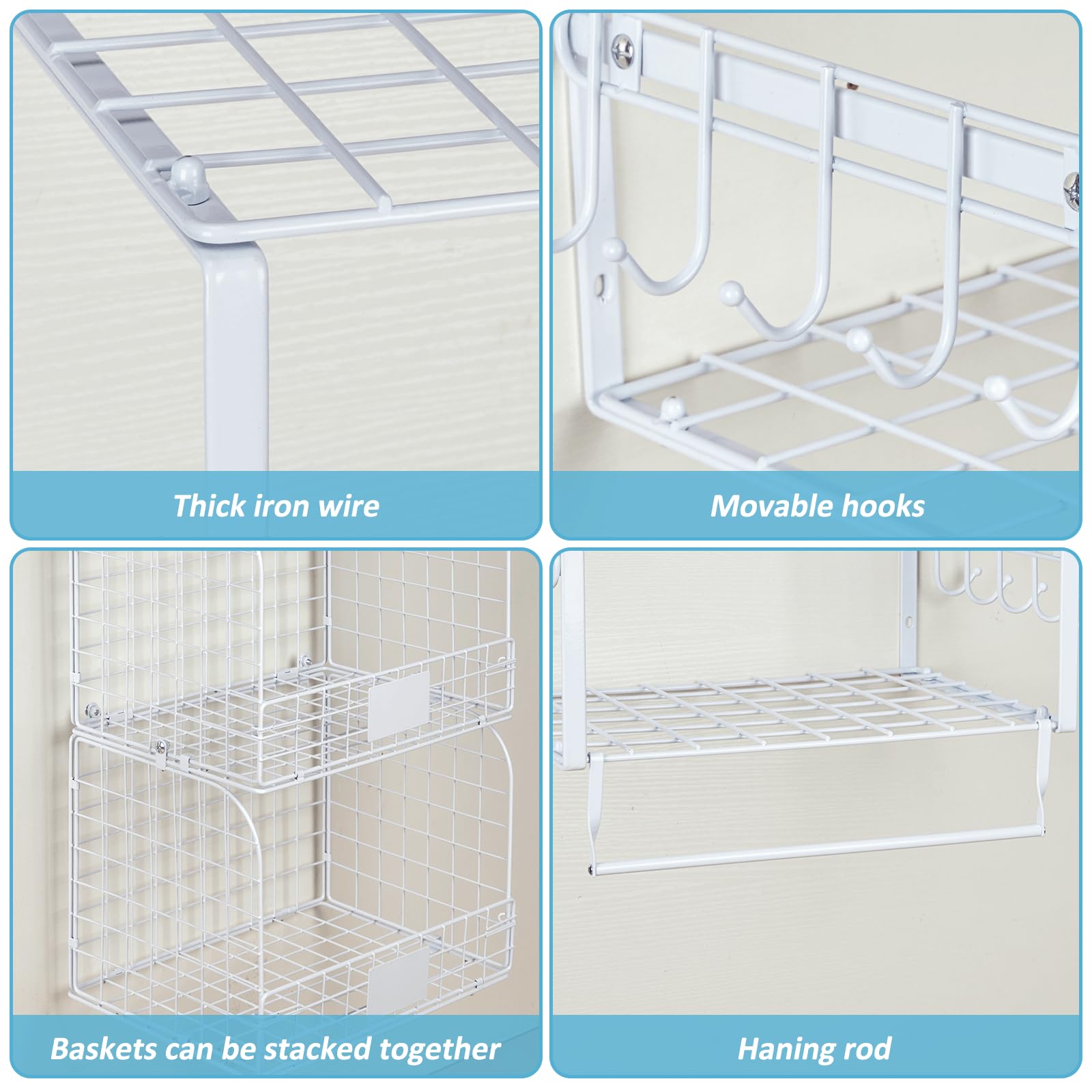 ThreeHio 3 Pack Laundry Room Shelves Wall Mounted with Wire Storage Baskets, Over Washer and Dryer shelves with Hanging Rods and Hooks, Wire Wall Shelves Baskets for Laundry Organization and Storage