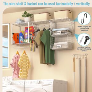 ThreeHio 3 Pack Laundry Room Shelves Wall Mounted with Wire Storage Baskets, Over Washer and Dryer shelves with Hanging Rods and Hooks, Wire Wall Shelves Baskets for Laundry Organization and Storage