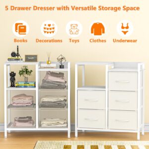 Furnulem White Dresser for Bedroom, Small Nightstand with 2-Tier Open Shelf and 5 Fabric Drawers, Storage Unit Organizer Tower Furniture for Living Room, Hallway, Dorm, Closets(White)