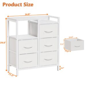 Furnulem White Dresser for Bedroom, Small Nightstand with 2-Tier Open Shelf and 5 Fabric Drawers, Storage Unit Organizer Tower Furniture for Living Room, Hallway, Dorm, Closets(White)