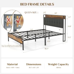 DALISK Queen Size Platform Bed Frame with Upholstered Headboard & USB Ports for Charging- No Box Spring, Strong & Noise Free Support - Easy Assembly