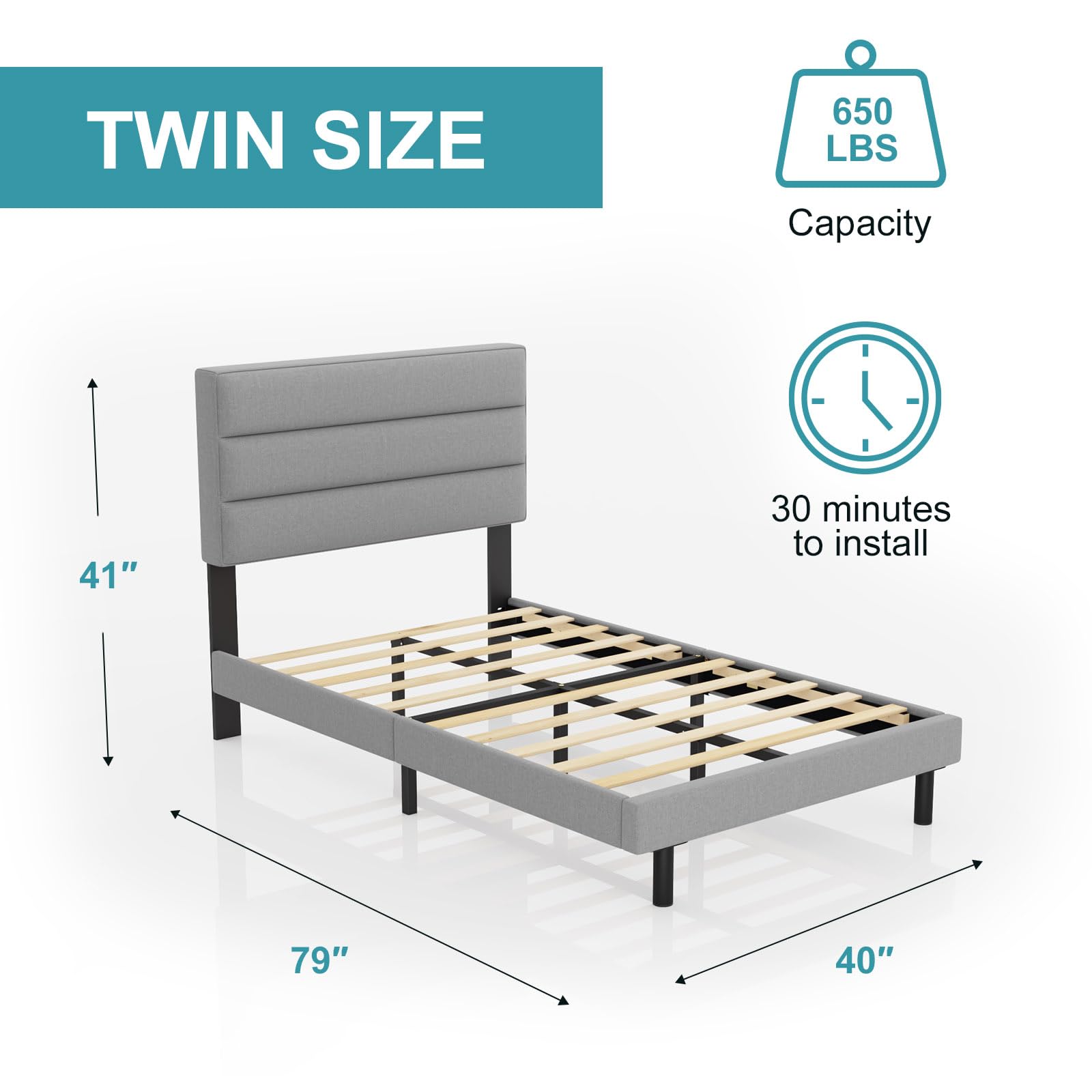 IYEE NATURE Twin Bed with Headboard,Sturdy Platform Bed with Wooden Slats Support,No Box Spring,Mattress Foundation,Easy Assembly,Grey