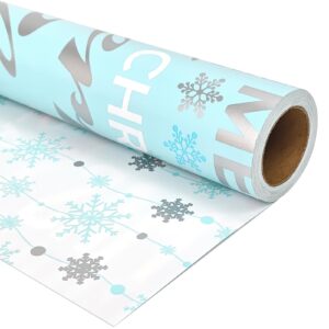 LDGOOAEL Mini Short Small Wrapping Paper Roll - Reversible Design (17" X 120") - Blue Merry Christmas Lettering & Snowflakes