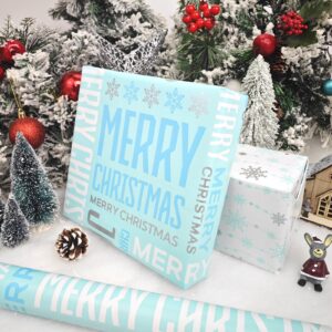 LDGOOAEL Mini Short Small Wrapping Paper Roll - Reversible Design (17" X 120") - Blue Merry Christmas Lettering & Snowflakes