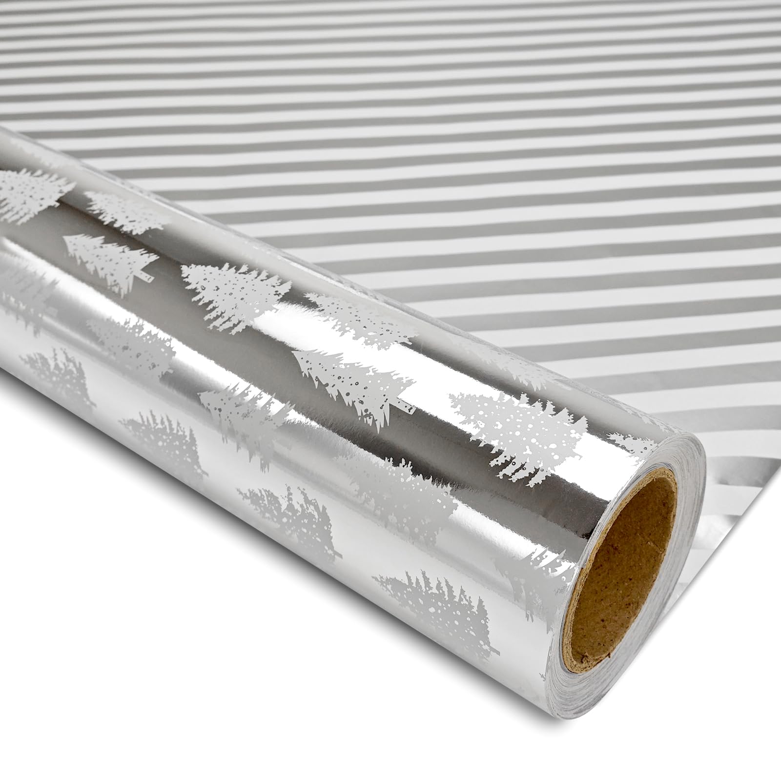 LDGOOAEL Reversible Christmas Wrapping Paper Jumbo Roll - Silver Holiday Tree & Stripes - 30 inches x 100 Feet