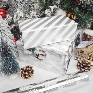 LDGOOAEL Reversible Christmas Wrapping Paper Jumbo Roll - Silver Holiday Tree & Stripes - 30 inches x 100 Feet