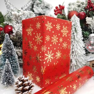 LDGOOAEL Mini Short Small Christmas Wrapping Paper Roll (17" X 120") - Gold Foil Snowflakes on Red