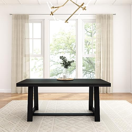 Plank+Beam 72 Inch Farmhouse Dining Table, Solid Wood Rustic Kitchen Table, Large Wooden Rectangular Dinner Table for Dining Room, Home Office, Living Room Furniture, Easy Assembly, Black Wirebrush