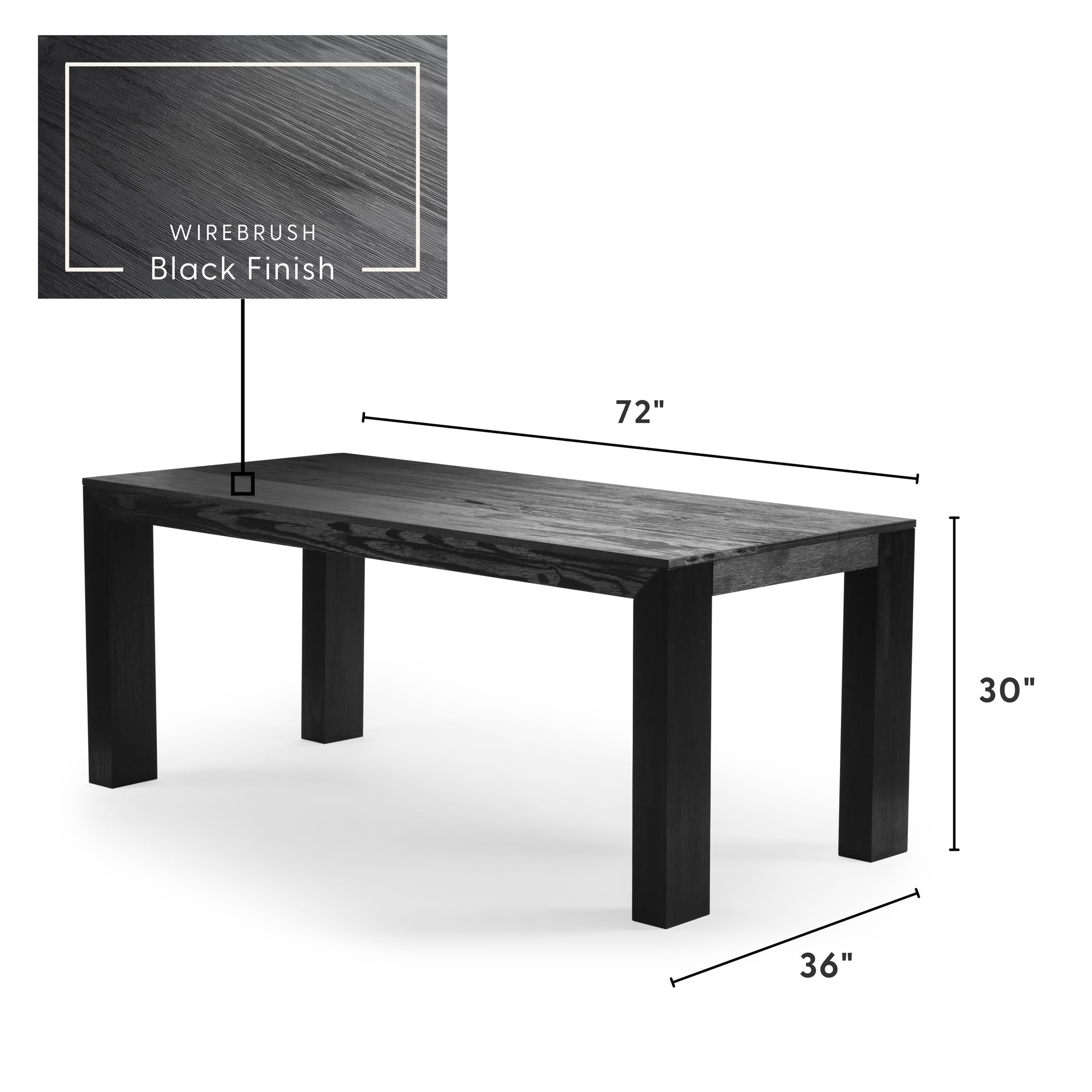 Plank+Beam 72 Inch Modern Wood Dining Table, Solid Wood Rectangular Dining Table for Kitchen/Dining Room, Black Wirebrush