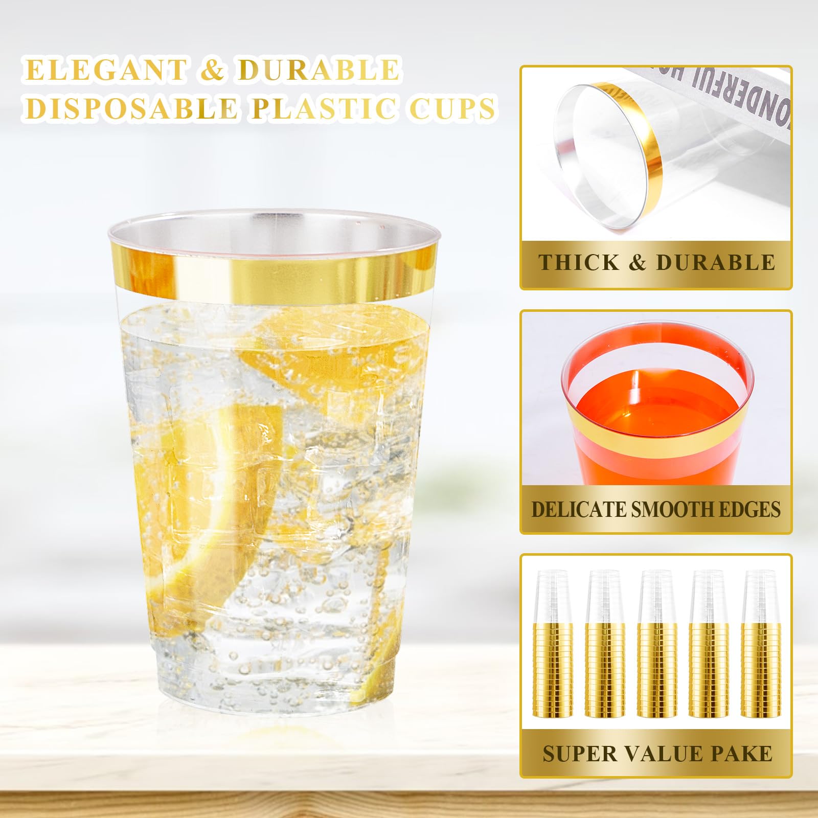 Nervure 120PCS Gold Rim Plastic Cups - 12oz Heavy Duty Plastic Cups - Fancy Clear Disposable Cups with Gold Rimmed for Wedding, Birthday, Party