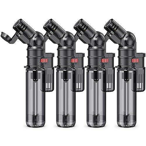 Torch Lighters, 4 Pack, Butane Refillable Torch Lighter, Rotatable Head, Windproof, Multi Utility Mini Lighter for Candles Fireplaces Campfires Grill BBQ (Without Butane)