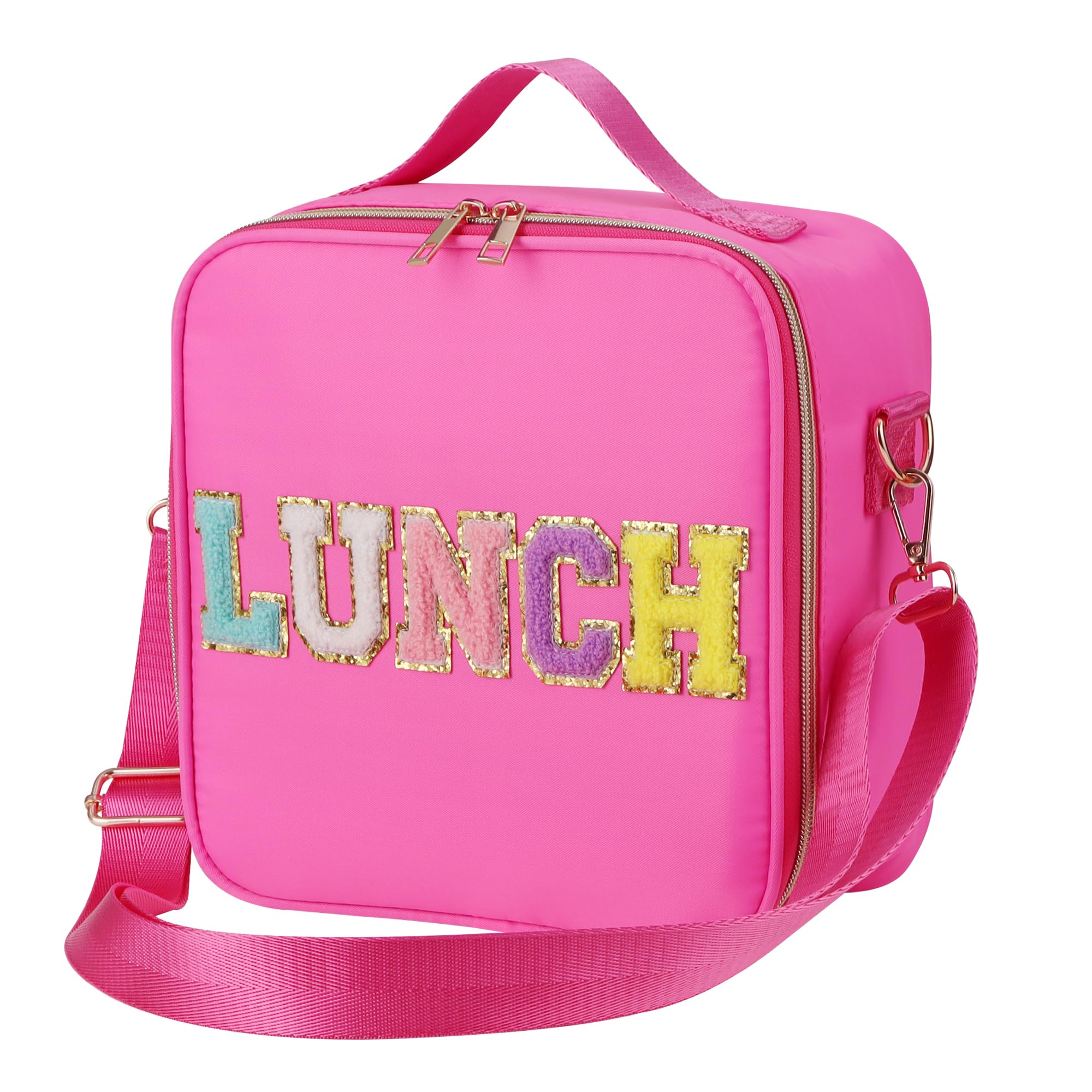 Lunch Bag for Women, Insulated Lunch Box for Girls, Personalized Preppy Lunch Box with Adjustable Shoulder Strap, Reusable Lunch Tote Bag with Letter for Kids Adult, School Office Picnic(rosy red)