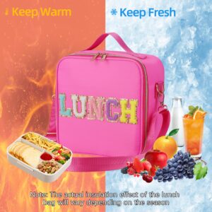 Lunch Bag for Women, Insulated Lunch Box for Girls, Personalized Preppy Lunch Box with Adjustable Shoulder Strap, Reusable Lunch Tote Bag with Letter for Kids Adult, School Office Picnic(rosy red)