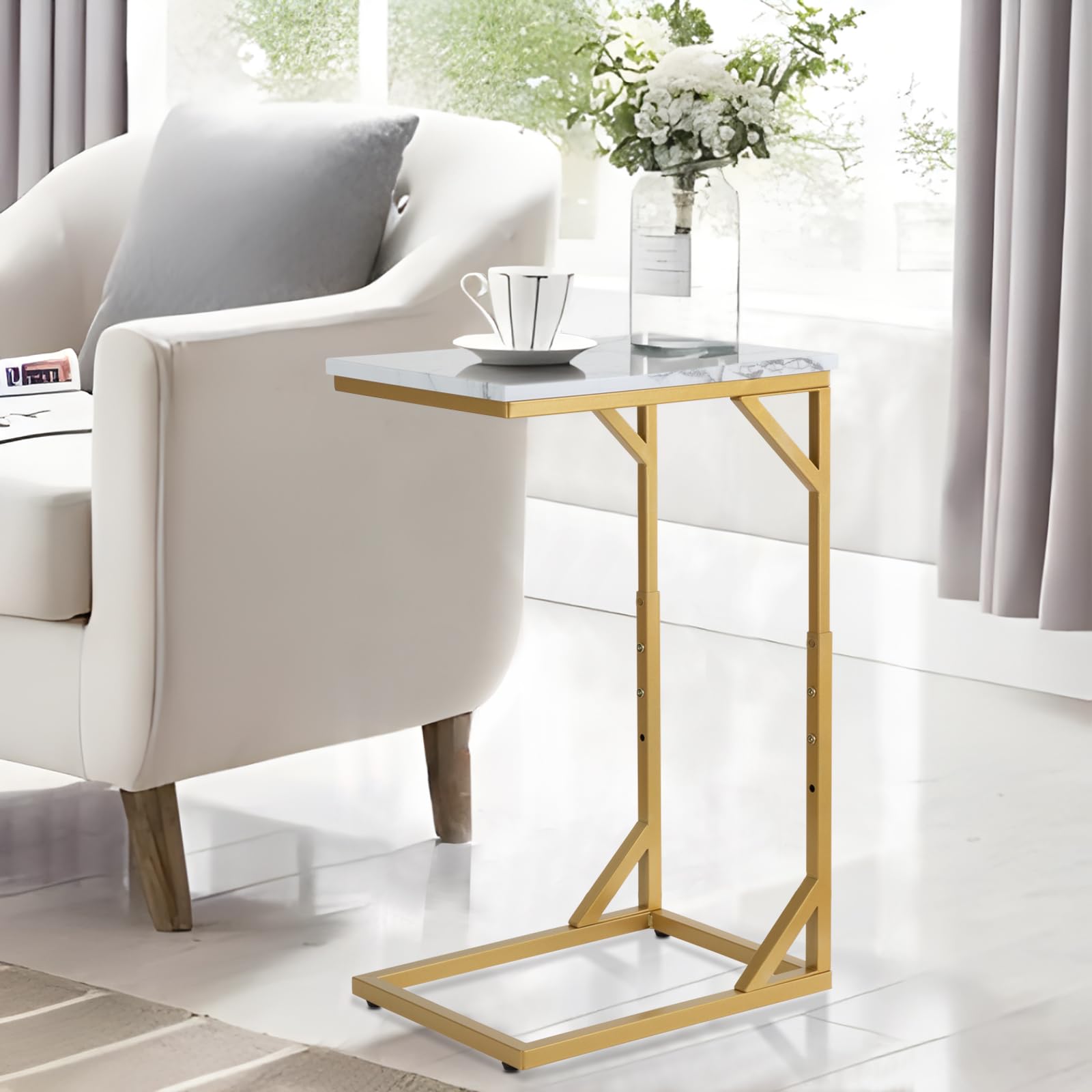 Serteaw C-Shaped End Table, Sturdy Side Table for Couch Sofa Bedside Small Space,C Snack Table TV Tray Record Player Stand Small Tables for Living Room Bedroom,Easy to Assemble,Gold