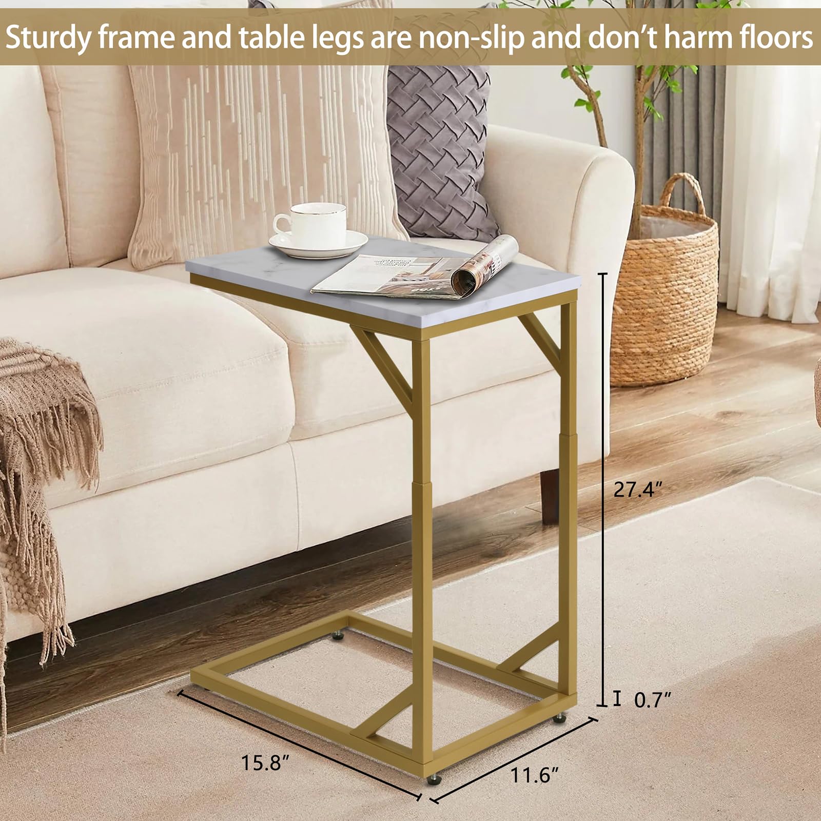 Serteaw C-Shaped End Table, Sturdy Side Table for Couch Sofa Bedside Small Space,C Snack Table TV Tray Record Player Stand Small Tables for Living Room Bedroom,Easy to Assemble,Gold