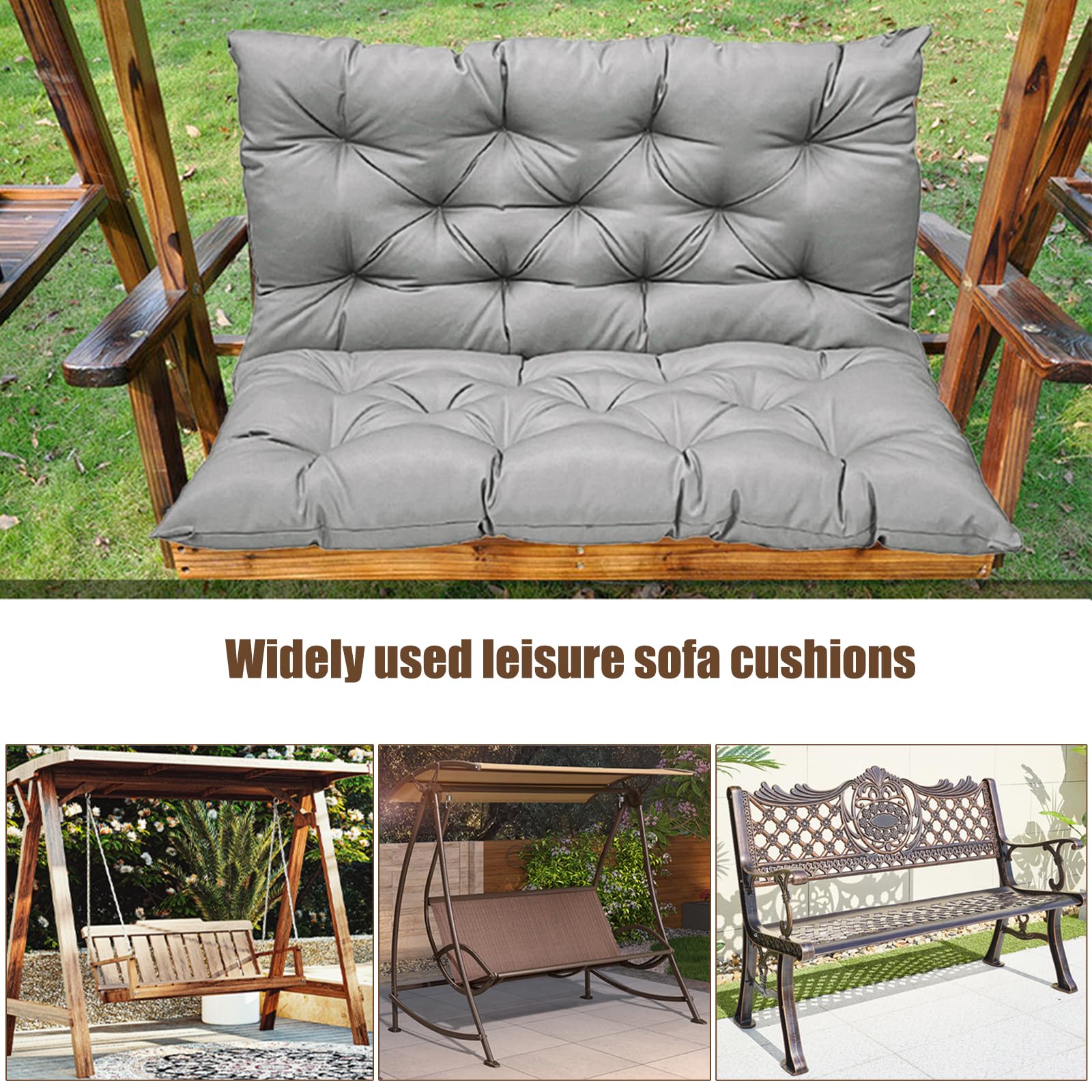 Meimond Swing Cushion 3 Seat 60 Inch,Outdoor Porch Waterproof Patio Bench Back Cushion, Leisure Chair Couch Cushion,4 Inch Thick Patio Garden Furniture Replacement Seat Cushion(Color:Grey)