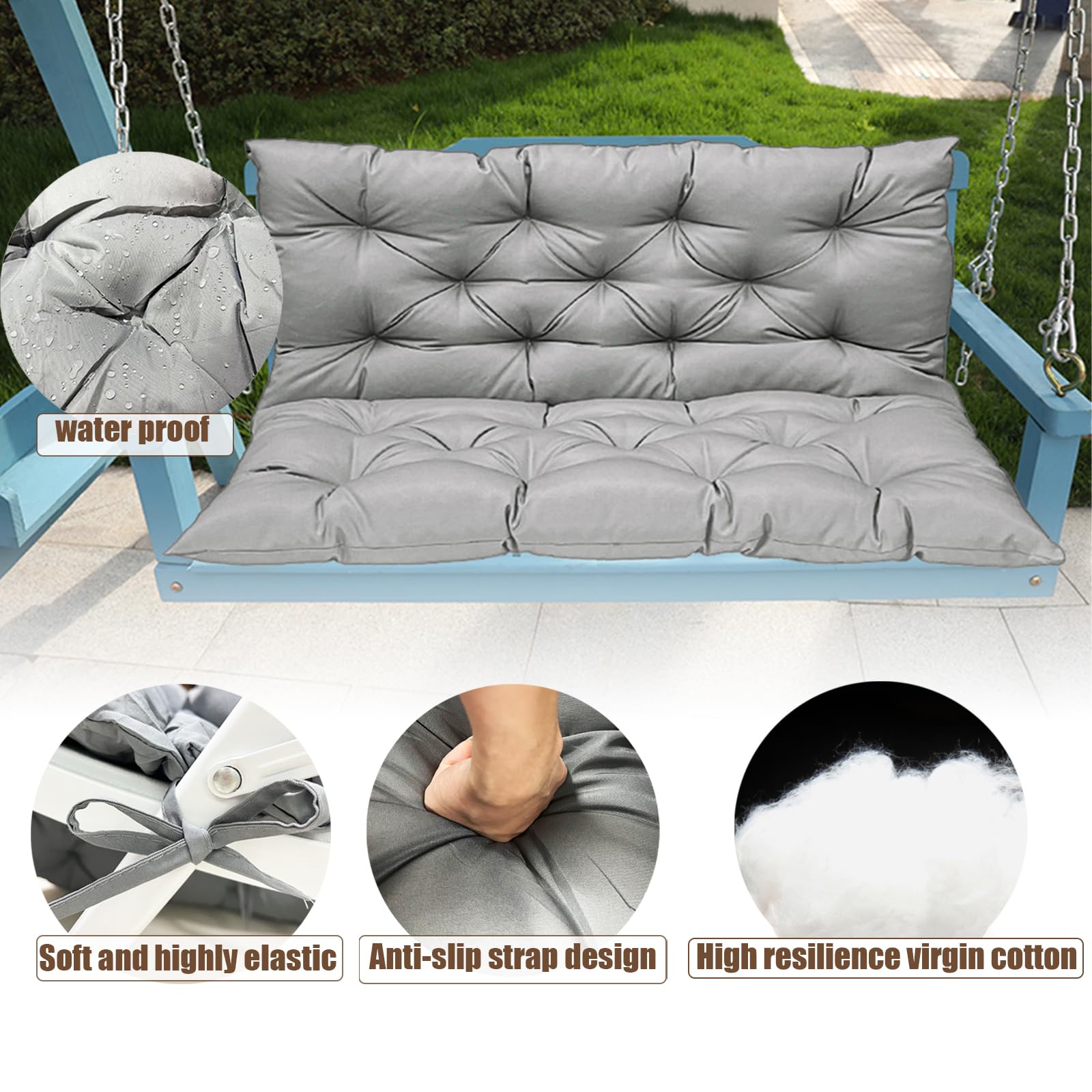 Meimond Swing Cushion 3 Seat 60 Inch,Outdoor Porch Waterproof Patio Bench Back Cushion, Leisure Chair Couch Cushion,4 Inch Thick Patio Garden Furniture Replacement Seat Cushion(Color:Grey)