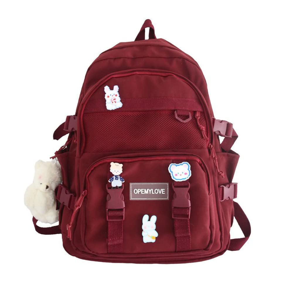 ANEBIPLE Aesthetic Kawaii Nylon Lighteweighted Portable Laptop Backpack with A Cute Bear Pendant, Large Capcity (Red)