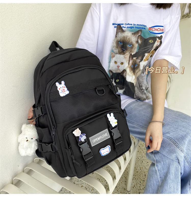 ANEBIPLE Aesthetic Kawaii Nylon Lighteweighted Portable Laptop Backpack with A Cute Bear Pendant, Large Capcity (Red)