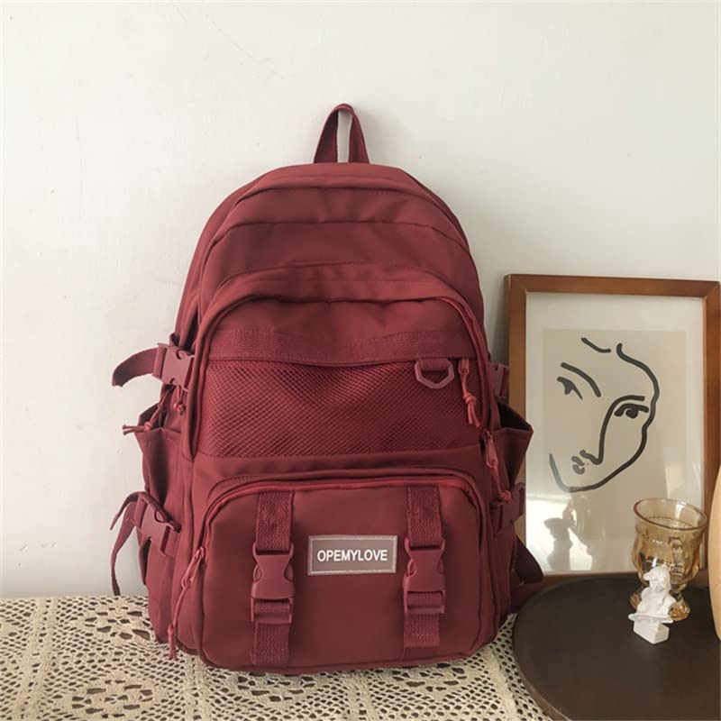 ANEBIPLE Aesthetic Kawaii Nylon Lighteweighted Portable Laptop Backpack with A Cute Bear Pendant, Large Capcity (Red)