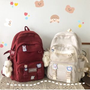 ANEBIPLE Aesthetic Kawaii Nylon Lighteweighted Portable Laptop Backpack with A Cute Bear Pendant, Large Capcity (Red)