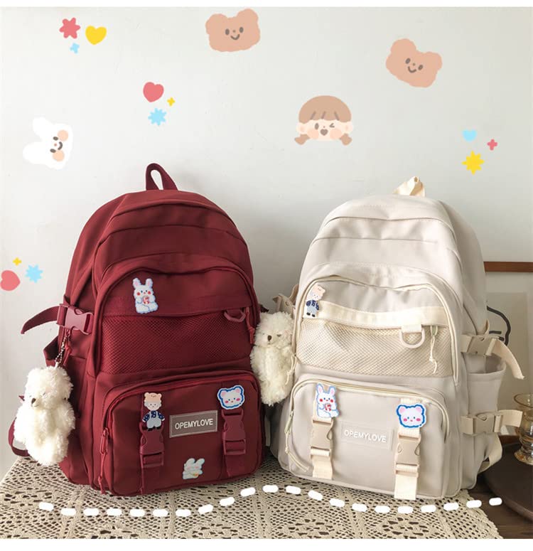 ANEBIPLE Aesthetic Kawaii Nylon Lighteweighted Portable Laptop Backpack with A Cute Bear Pendant, Large Capcity (Red)