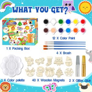 JOAOYO 40 Wooden Magnets DIY Wooden Art Painting Craft Kit for Kids Paint Your Own Wooden Magnets Arts and Crafts Supplies Party Favors for Kids Boys Girls Ages 4 5 6 7 8 9 10 11 12