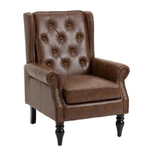 Homtique Faux Leather Accent Chair, Modern Living Room Chairs, Button Tufted Wingback Armchair with Wood Legs, Upholstered Bedroom Chair with Rivet Decoration, Leisure Reading Chair, Brown