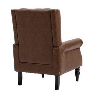 Homtique Faux Leather Accent Chair, Modern Living Room Chairs, Button Tufted Wingback Armchair with Wood Legs, Upholstered Bedroom Chair with Rivet Decoration, Leisure Reading Chair, Brown