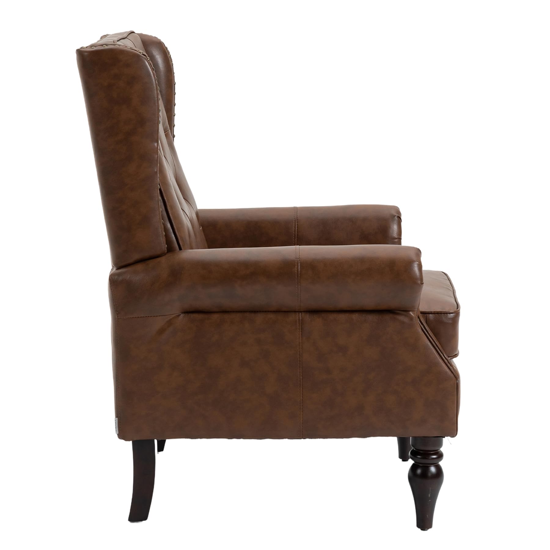 Homtique Faux Leather Accent Chair, Modern Living Room Chairs, Button Tufted Wingback Armchair with Wood Legs, Upholstered Bedroom Chair with Rivet Decoration, Leisure Reading Chair, Brown