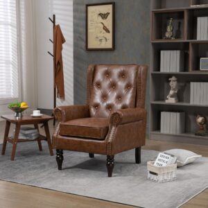 Homtique Faux Leather Accent Chair, Modern Living Room Chairs, Button Tufted Wingback Armchair with Wood Legs, Upholstered Bedroom Chair with Rivet Decoration, Leisure Reading Chair, Brown