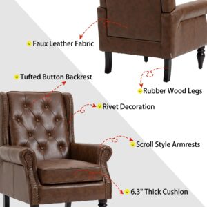 Homtique Faux Leather Accent Chair, Modern Living Room Chairs, Button Tufted Wingback Armchair with Wood Legs, Upholstered Bedroom Chair with Rivet Decoration, Leisure Reading Chair, Brown