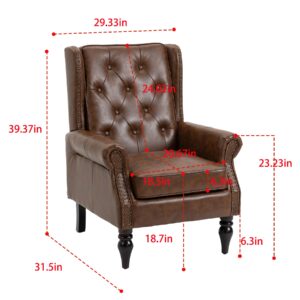 Homtique Faux Leather Accent Chair, Modern Living Room Chairs, Button Tufted Wingback Armchair with Wood Legs, Upholstered Bedroom Chair with Rivet Decoration, Leisure Reading Chair, Brown