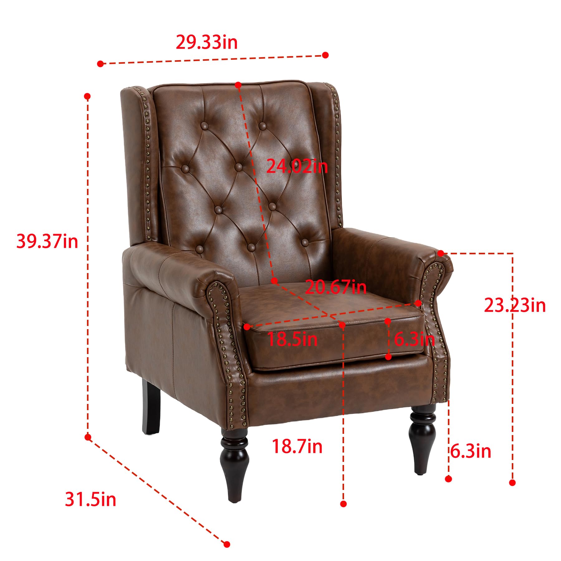 Homtique Faux Leather Accent Chair, Modern Living Room Chairs, Button Tufted Wingback Armchair with Wood Legs, Upholstered Bedroom Chair with Rivet Decoration, Leisure Reading Chair, Brown