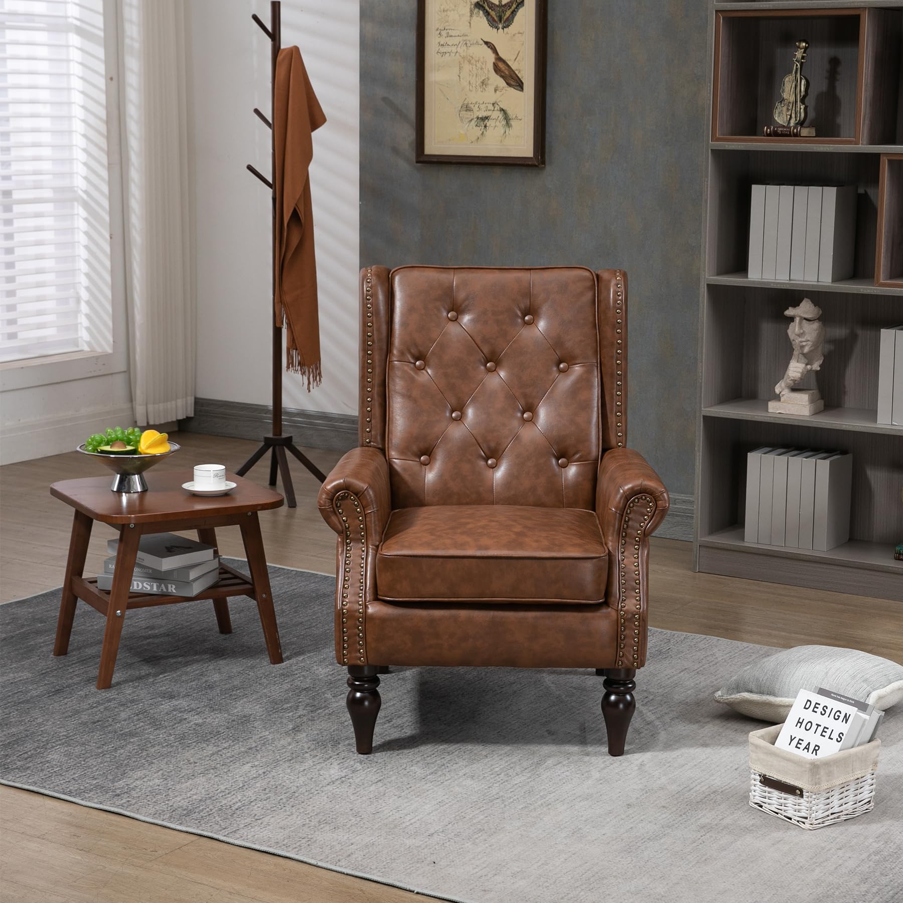 Homtique Faux Leather Accent Chair, Modern Living Room Chairs, Button Tufted Wingback Armchair with Wood Legs, Upholstered Bedroom Chair with Rivet Decoration, Leisure Reading Chair, Brown