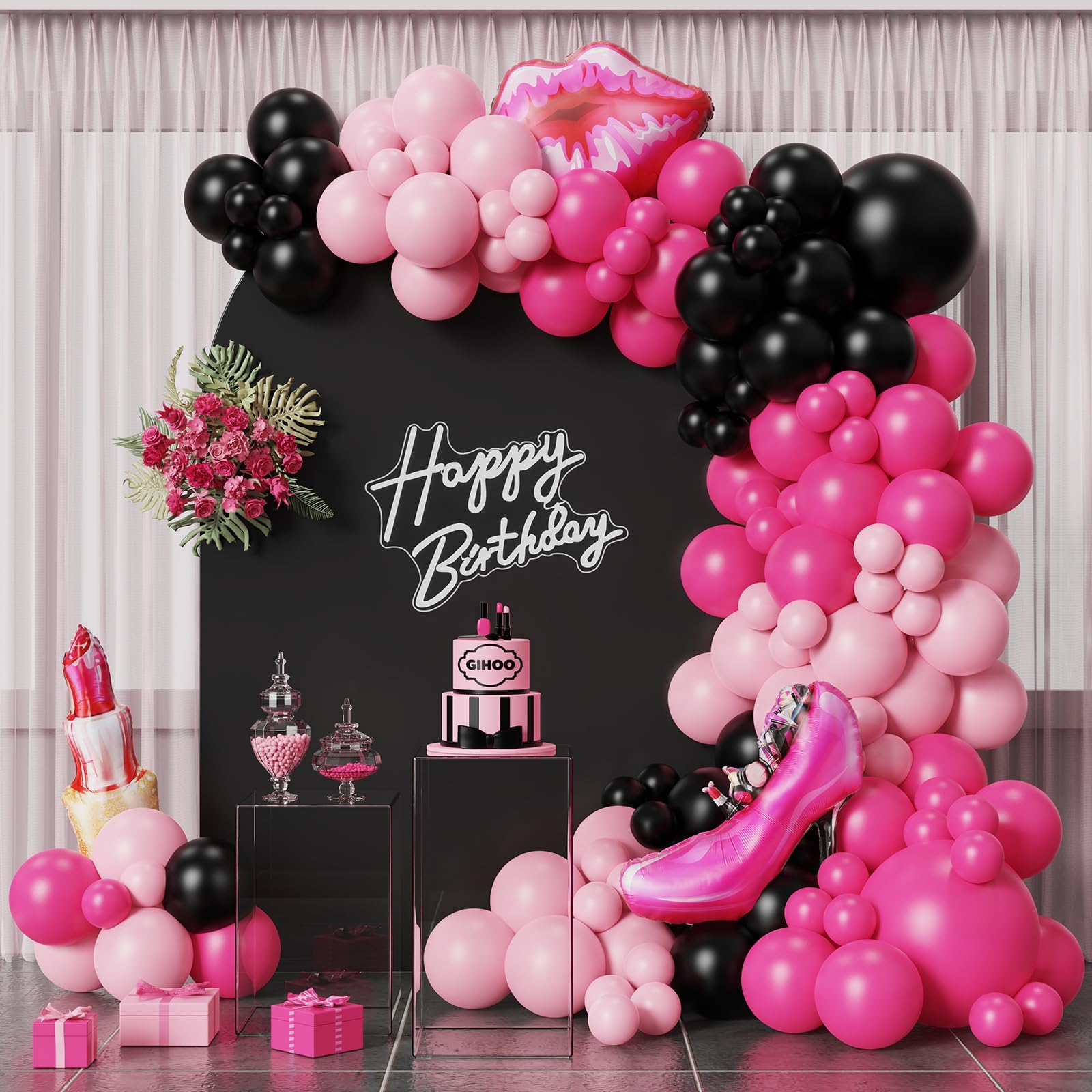 Makeup Balloon Garland Arch Kit 135PCS Hot Pink and Black Latex Balloons with Lipstick and High Heels Foil Balloon for Pink Girl Spa Day Themed Bridal Shower Birthday Party Decorations