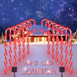 ALFIOT Solar Christmas Candy Cane Lights,Red Lights 12 Pack Upgraded Pathway Stake Lights Outdoor, 8 Modes 2000Mah Lights Walkway Outdoor Markers with Stakes for Garden Patio Xmas Decorations (22'')