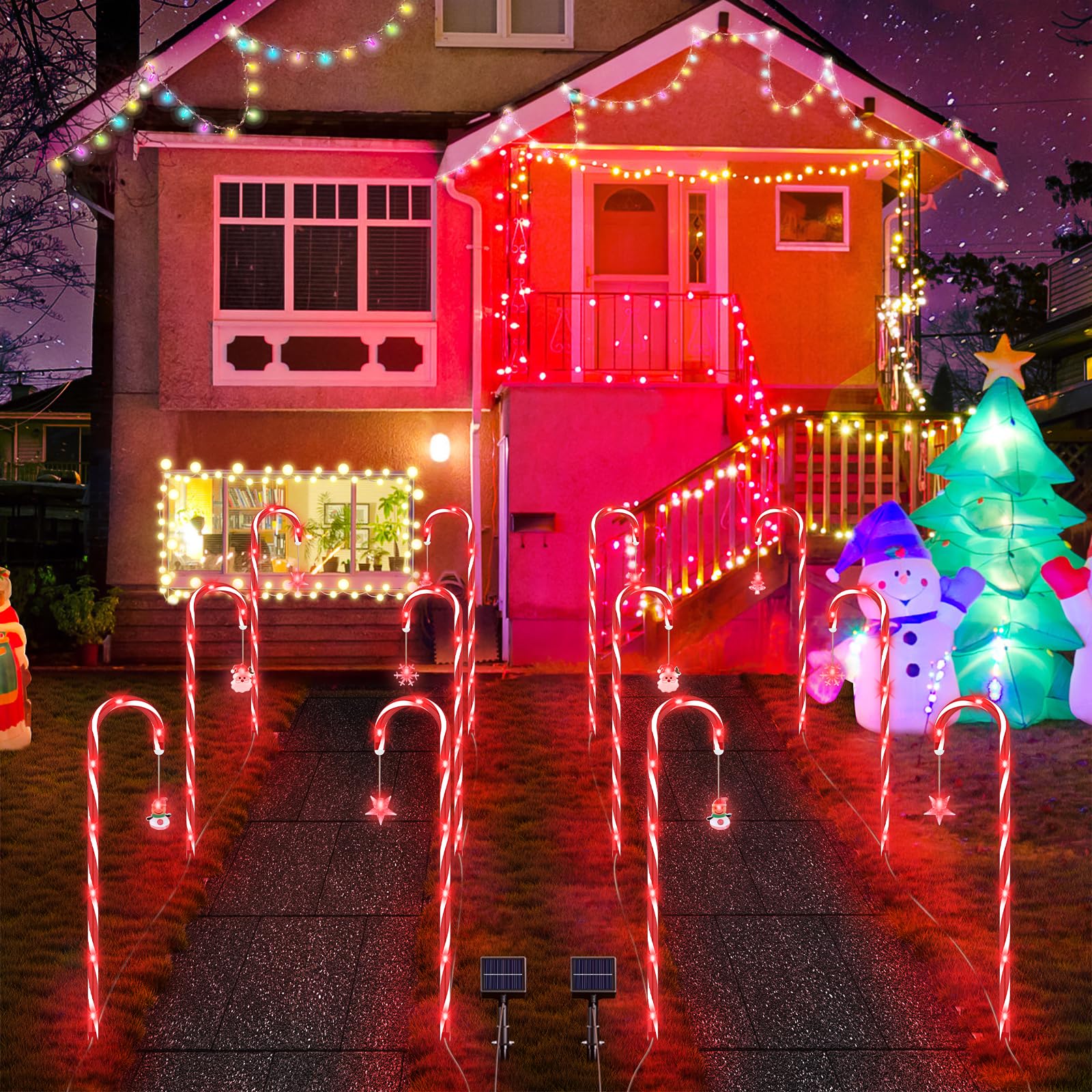 ALFIOT Solar Christmas Candy Cane Lights,Red Lights 12 Pack Upgraded Pathway Stake Lights Outdoor, 8 Modes 2000Mah Lights Walkway Outdoor Markers with Stakes for Garden Patio Xmas Decorations (22'')