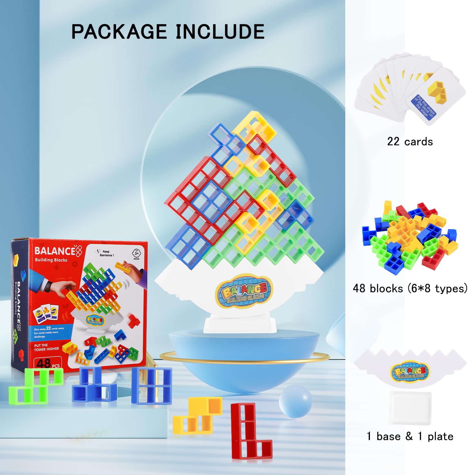 DEWEL 48Pcs Stacking Blocks Game, Board Stacking High Balance Challenge Game for Adults, Kids, Family Games, Parties, Travel