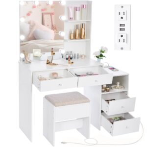 anwbroad makeup vanity desk vanity set with led lighted mirror makeup vanity table set with charging station nightstand 3 colors modes dimming cushioned stool (crystalline handles) ubdt13w