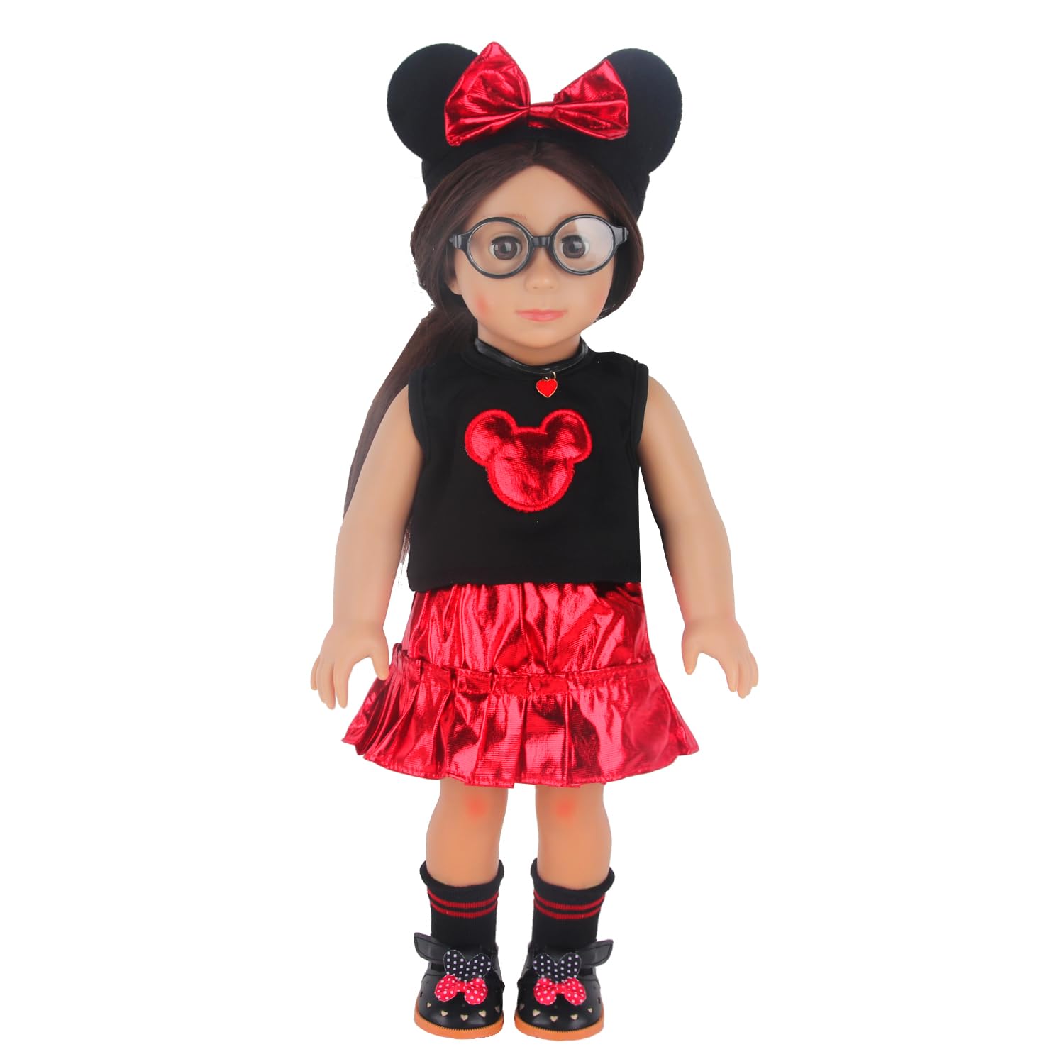 MSYO 18 Inch Doll Playset for Girl Dolls, Micky Themed Doll Accessories for American Dolls, Including Red Bow Hairband, Red Micky Skirt, Doll Necklace, Shoes Socks Glasses, Total of 7 pcs