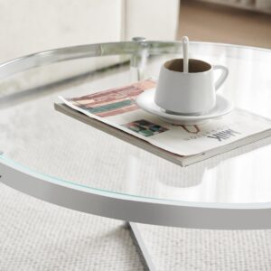 Saint Mossi Glass Coffee Table, Modern Design, Single Layer Glass Coffee Table for Living Space, D32 x H17, Clear Glass Top, Clear Acrylic Leg & Chrome Finish Metal Frame