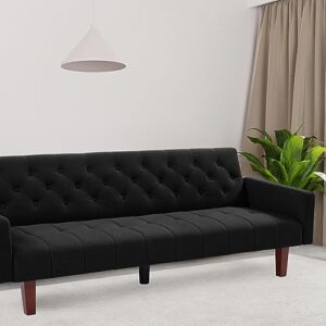 Fangflower Black Tufted Back Sofa Bed Mid-Century Convertible Sleeper Futon with Tapered Wood Legs for Living Room Apartment Lounge