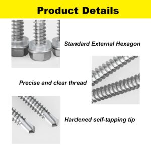 LERNOU #8×1/2" Hex Washer Head Self-Drilling Screws, 410 Stainless Steel Self-Tapping Sheet Metal Tek Screws with Waterproof Washers and Phillips Screwdriver. (100 pcs)