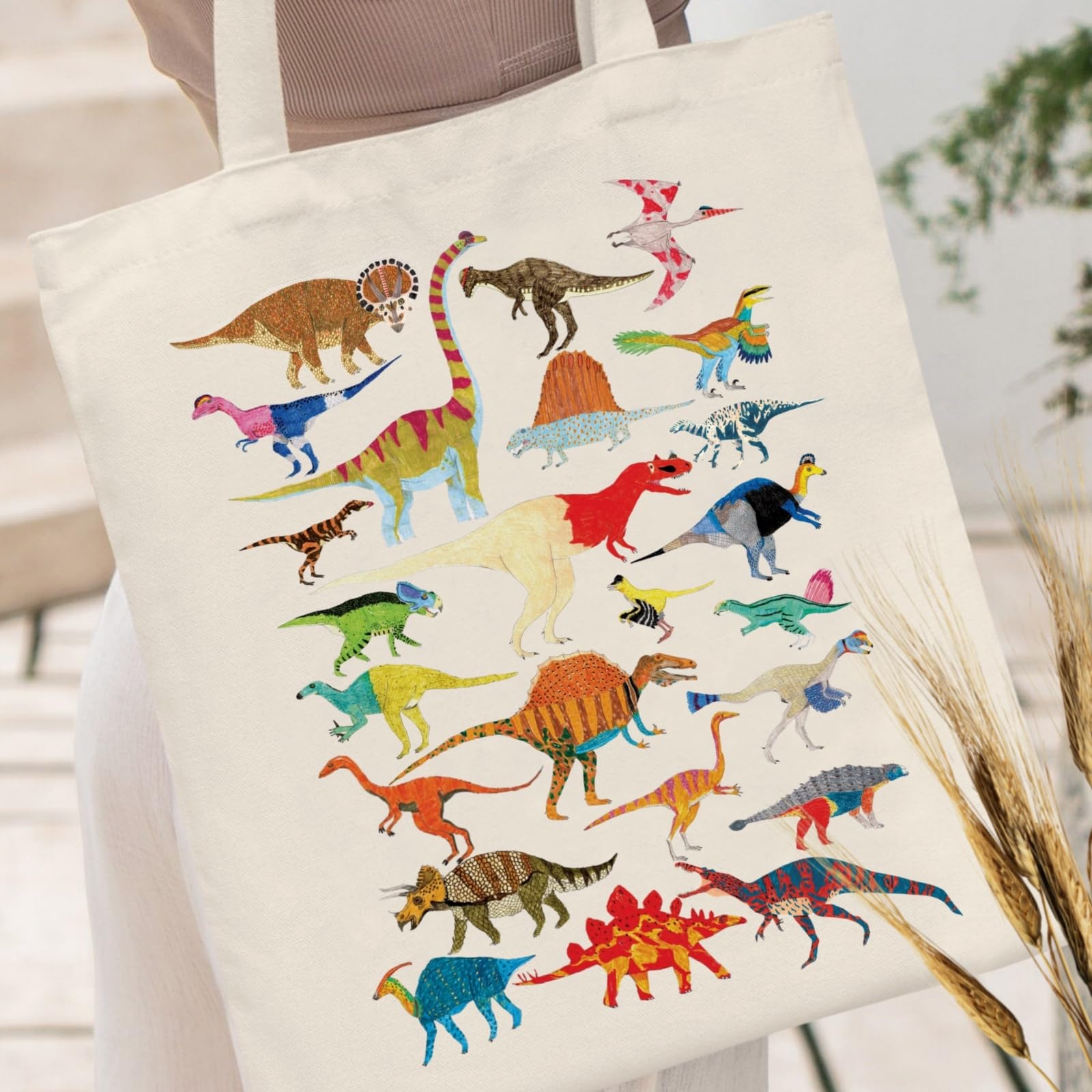 Andeiltech Canvas Aesthetic Tote Bag for Women Cute Dinosaurs Canvas Totes with Zipper Pocket Reusable Grocery Bags for Beach shopping bag