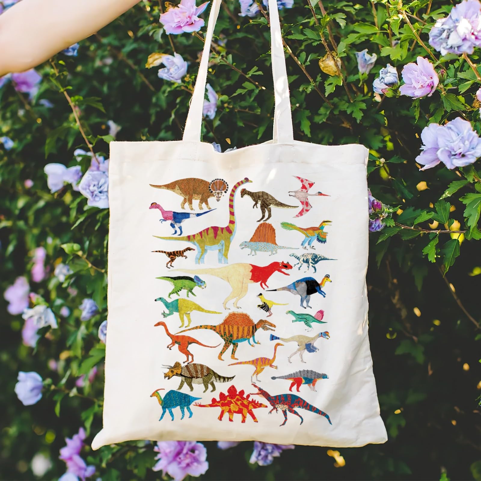 Andeiltech Canvas Aesthetic Tote Bag for Women Cute Dinosaurs Canvas Totes with Zipper Pocket Reusable Grocery Bags for Beach shopping bag