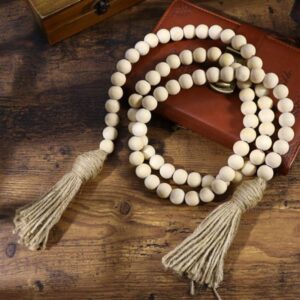 Vawolecy Farmhouse Beads 58in Wood Bead Garland with Tassels, Natural Rustic Country Home Decor Prayer Boho 84 Beads Garland for Tiered Tray Xmas Wall Table Decor