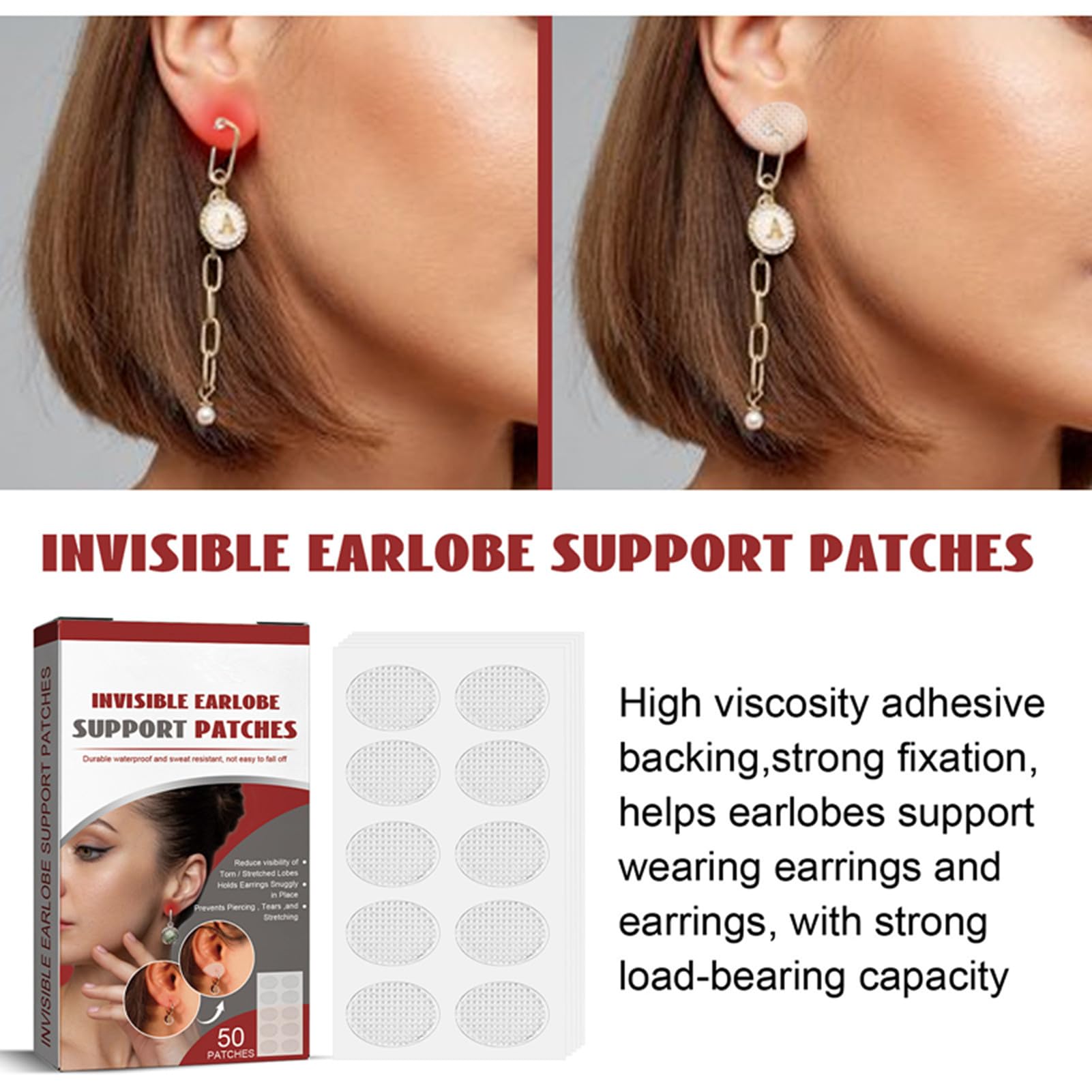 Ear Lobe Support Patches Earring Support Patches Invisible Ear Lobe Support Tape Portable Earlobe Support Patches Large Earrings Support Sticker Reduces Strain for Women Long Time Wear Earring